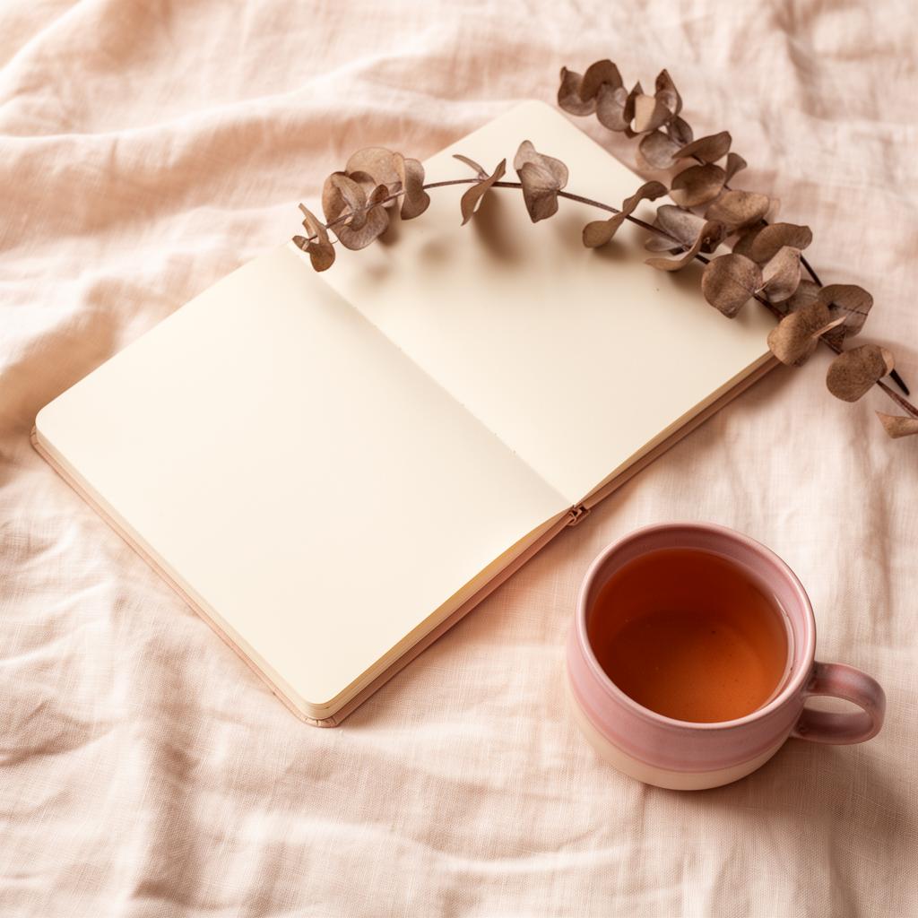 Cuaderno abierto, eucalipto seco y taza de té sobre lino